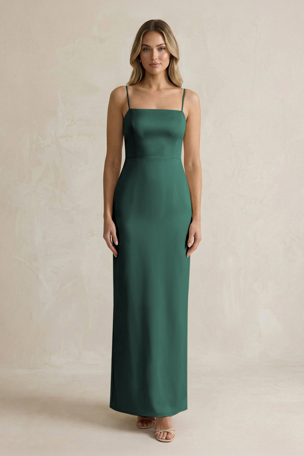 Sheath Spaghetti Straps Satin Bridesmaid Dress in Emerald - Curvevia