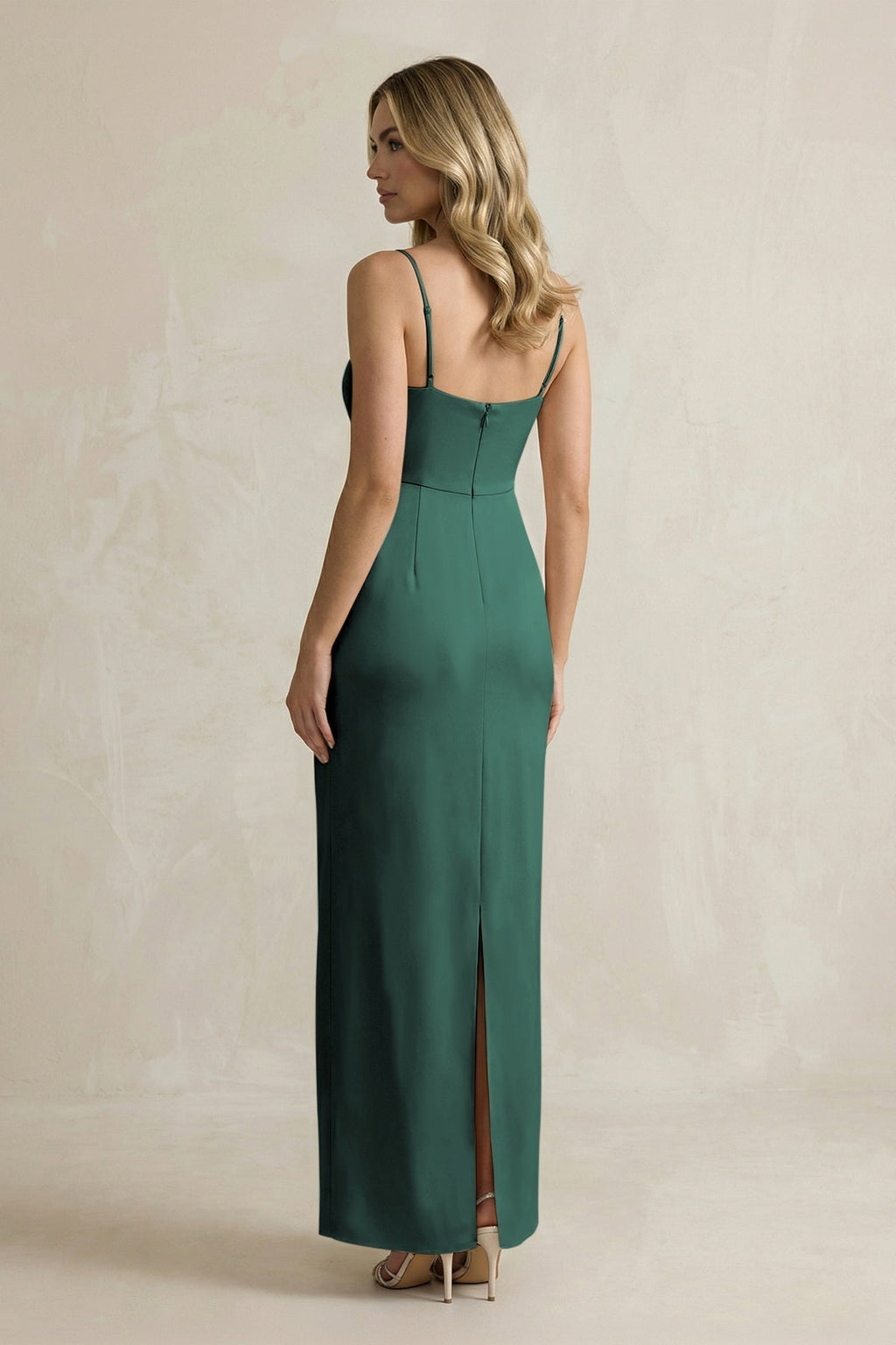 Sheath Spaghetti Straps Satin Bridesmaid Dress in Emerald - Curvevia