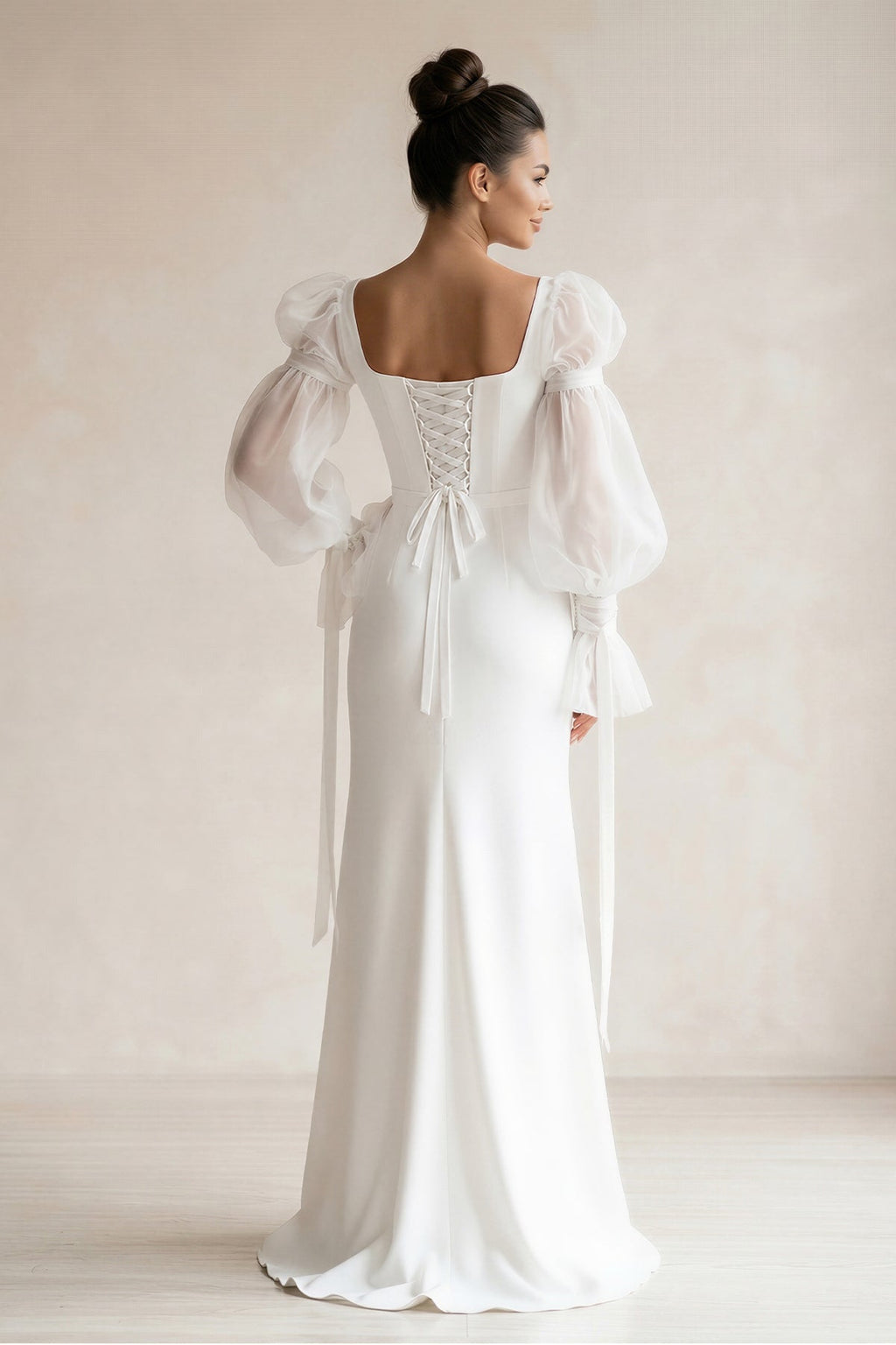 Sheath Square Neckline Long Sleeves Satin Wedding Dresses - Curvevia