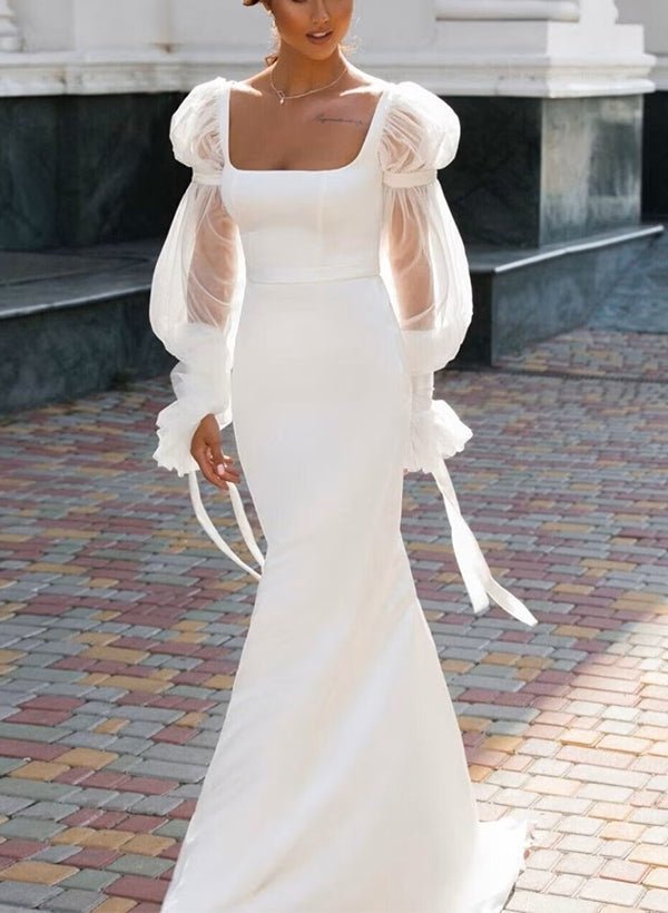 Sheath Square Neckline Long Sleeves Satin Wedding Dresses - Curvevia
