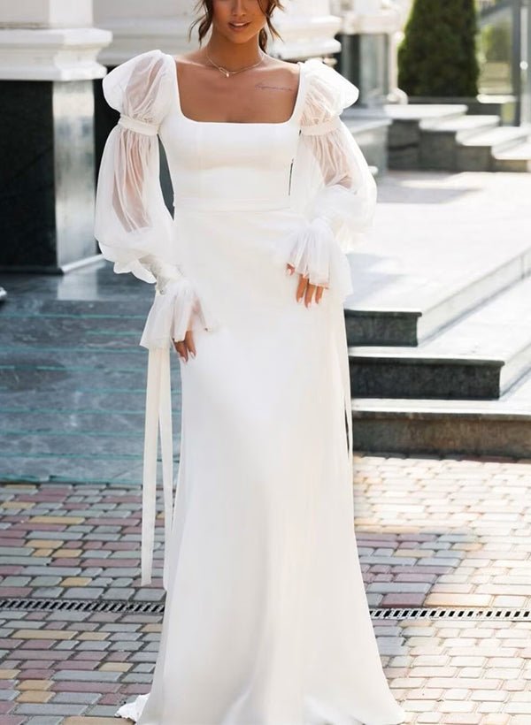 Sheath Square Neckline Long Sleeves Satin Wedding Dresses - Curvevia
