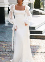 Sheath Square Neckline Long Sleeves Satin Wedding Dresses - Curvevia