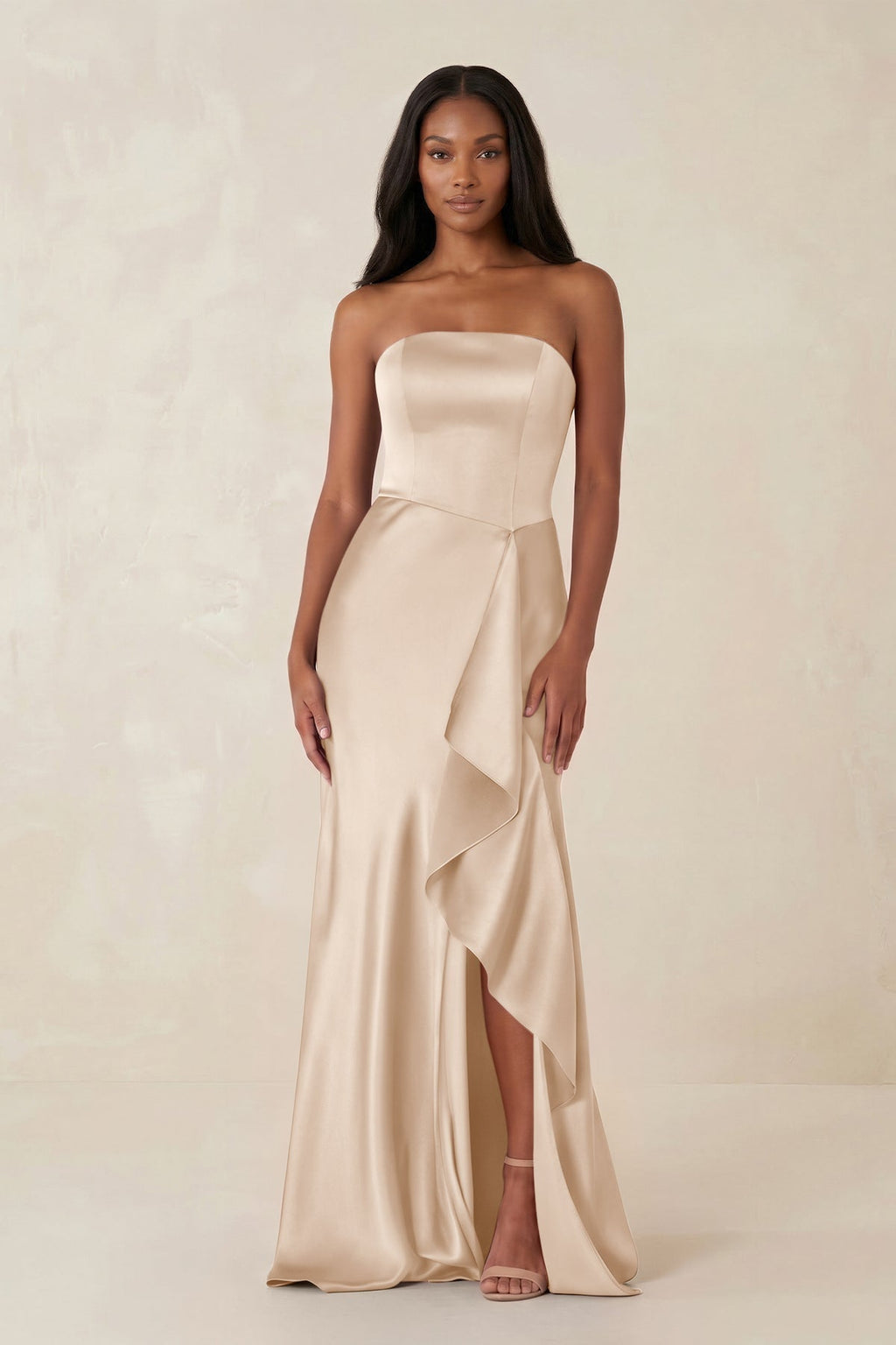 Sheath Strapless Ruffled Satin Bridesmaid Dress in Champagne - Curvevia