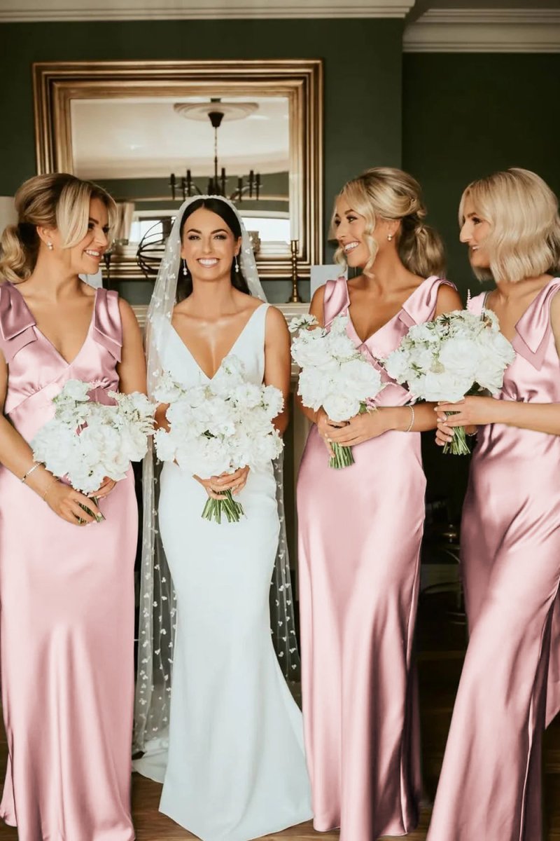 Sheath V Neck Sage Green Silk Satin Bridesmaid Dress with Bow - Curvevia