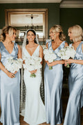 Sheath V Neck Sage Green Silk Satin Bridesmaid Dress with Bow - Curvevia