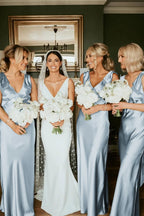 Sheath V Neck Sage Green Silk Satin Bridesmaid Dress with Bow - Curvevia