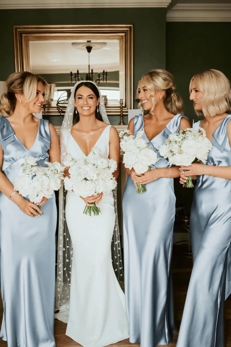 Sheath V Neck Sage Green Silk Satin Bridesmaid Dress with Bow - Curvevia