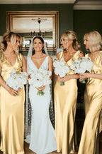 Sheath V Neck Sage Green Silk Satin Bridesmaid Dress with Bow - Curvevia