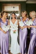 Sheath V Neck Sage Green Silk Satin Bridesmaid Dress with Bow - Curvevia