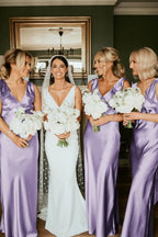 Sheath V Neck Sage Green Silk Satin Bridesmaid Dress with Bow - Curvevia