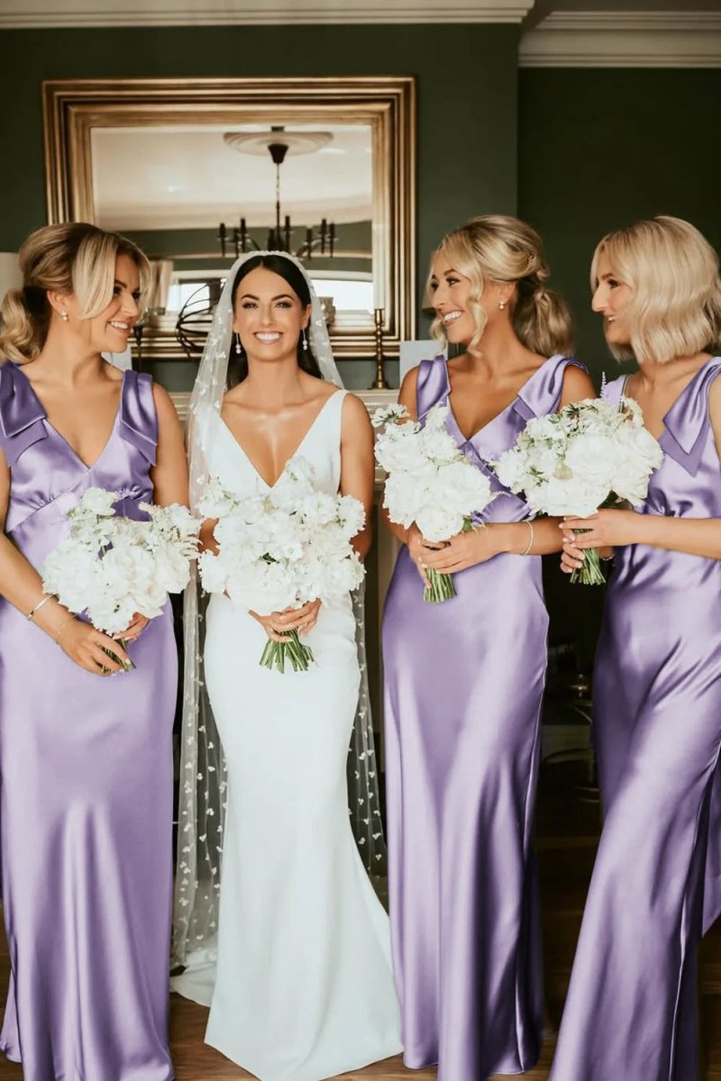 Sheath V Neck Sage Green Silk Satin Bridesmaid Dress with Bow - Curvevia