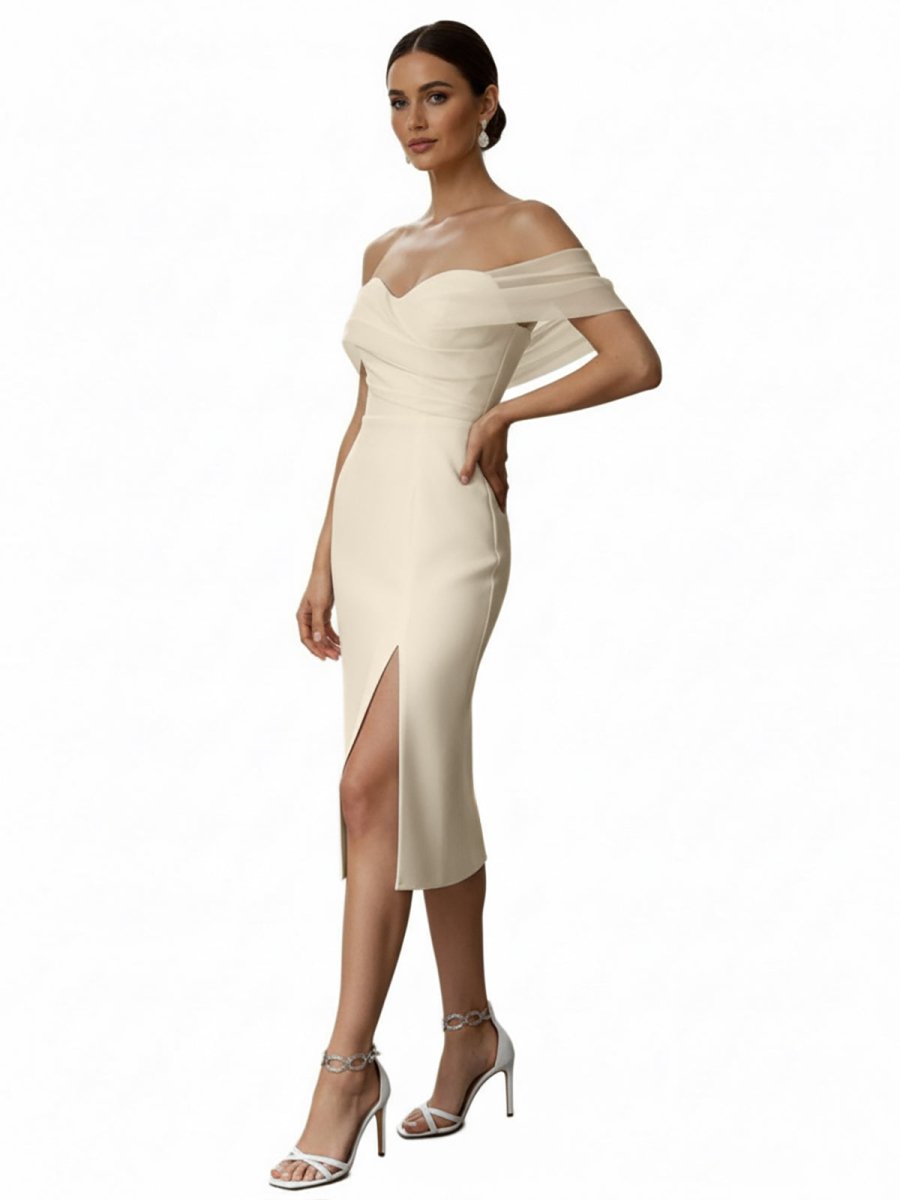 Sheath Off-The-Shoulder Sleeveless Tea-Length Wedding Dresses - Curvevia