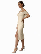 Sheath Off-The-Shoulder Sleeveless Tea-Length Wedding Dresses - Curvevia