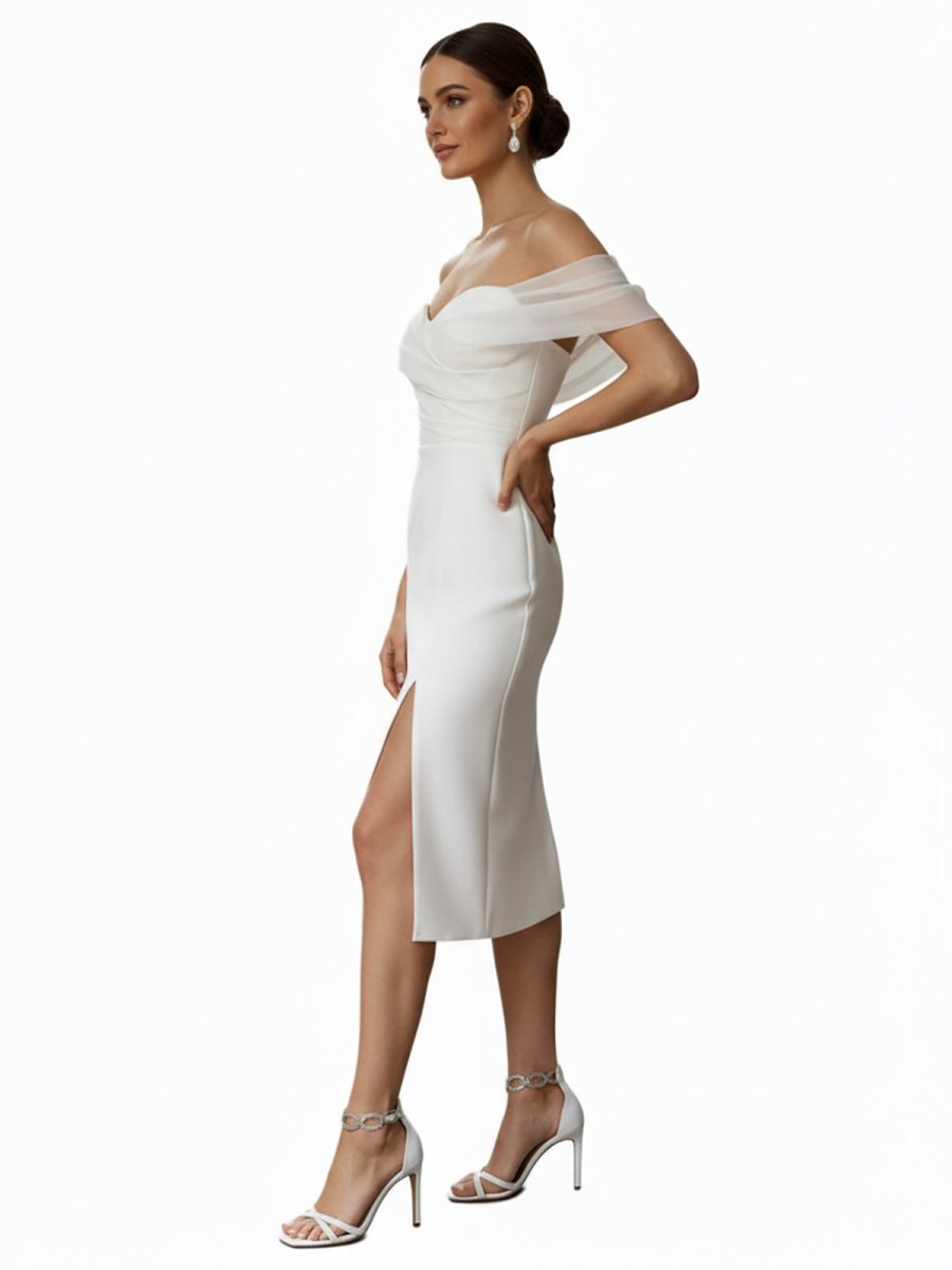 Sheath Off-The-Shoulder Sleeveless Tea-Length Wedding Dresses - Curvevia