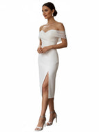 Sheath Off-The-Shoulder Sleeveless Tea-Length Wedding Dresses - Curvevia