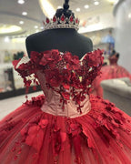 Shimmery Off Shoulder 3D Flowers Ball Gown Quinceanera Dress With Train - Curvevia