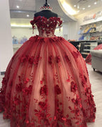 Shimmery Off Shoulder 3D Flowers Ball Gown Quinceanera Dress With Train - Curvevia