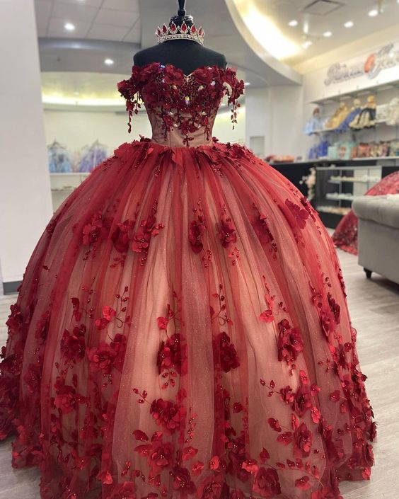 Shimmery Off Shoulder 3D Flowers Ball Gown Quinceanera Dress With Train - Curvevia