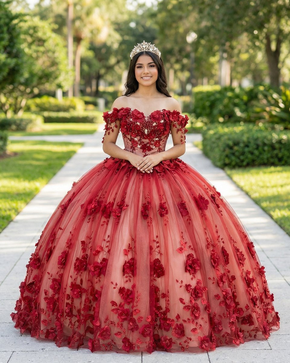 Shimmery Off Shoulder 3D Flowers Ball Gown Quinceanera Dress With Train - Curvevia