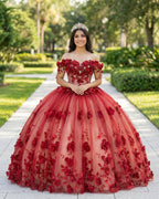 Shimmery Off Shoulder 3D Flowers Ball Gown Quinceanera Dress With Train - Curvevia