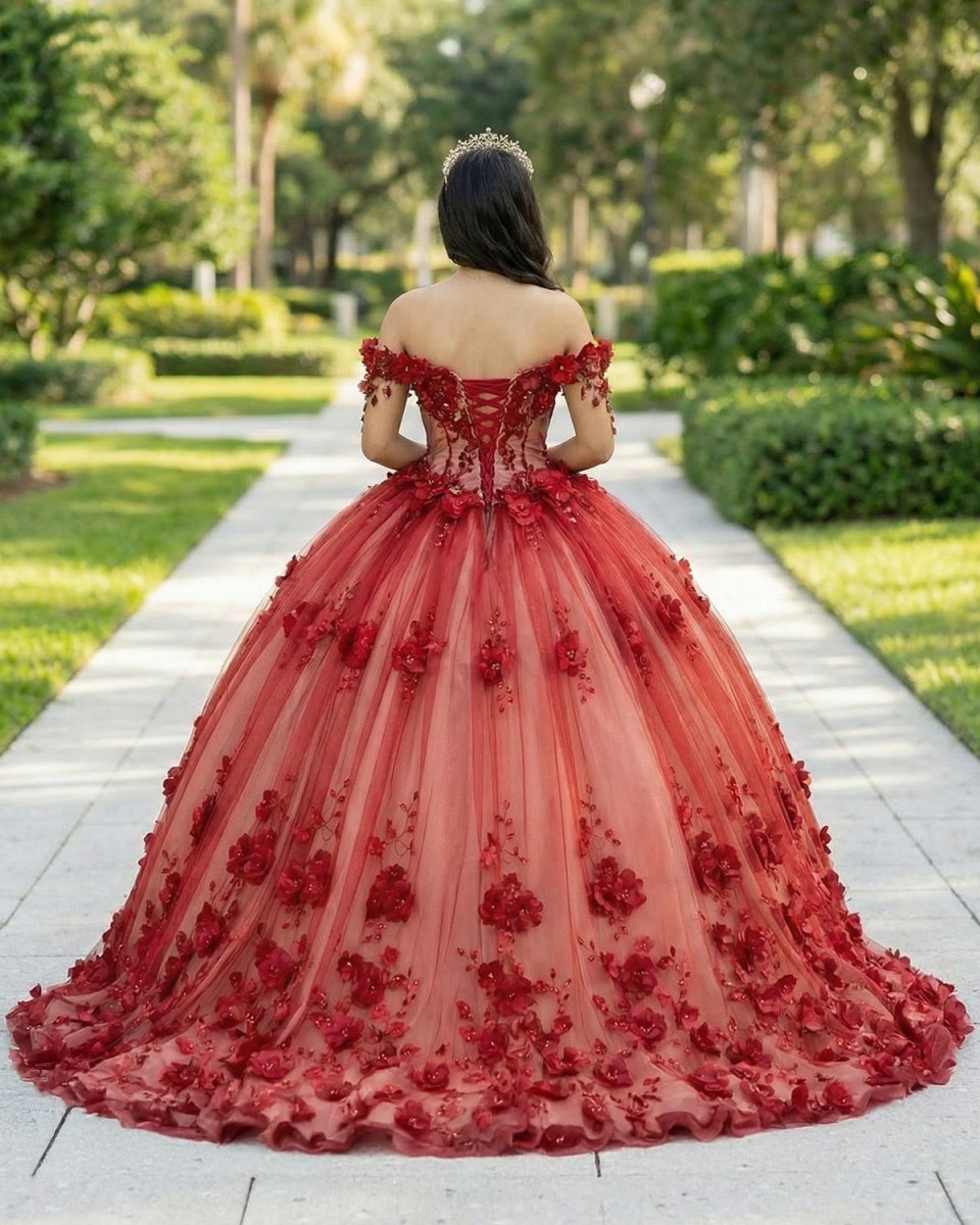 Shimmery Off Shoulder 3D Flowers Ball Gown Quinceanera Dress With Train - Curvevia