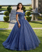 Shiny Off Shoulder Navy Blue Tulle Navy Blue Formal Graduation Evening Dresses - Curvevia