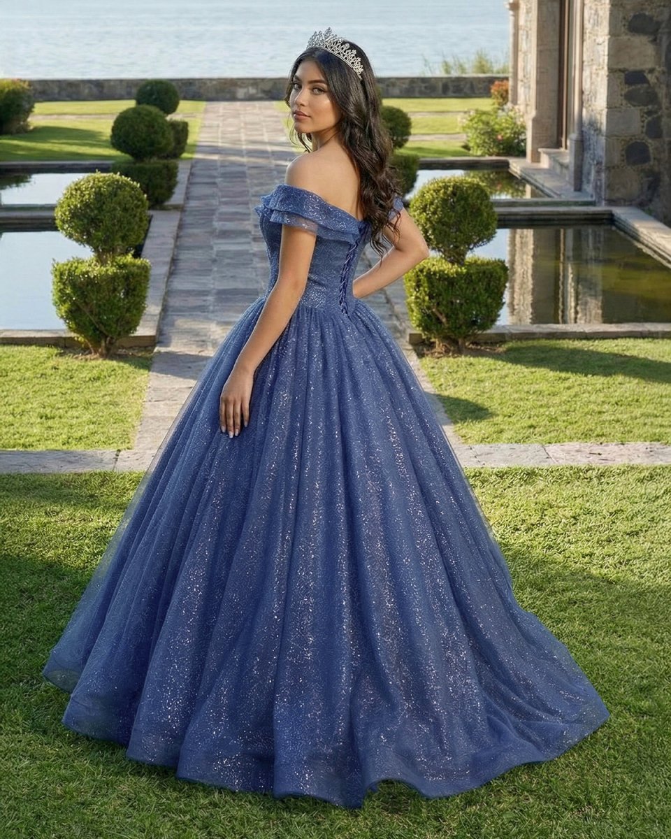 Shiny Off Shoulder Navy Blue Tulle Navy Blue Formal Graduation Evening Dresses - Curvevia