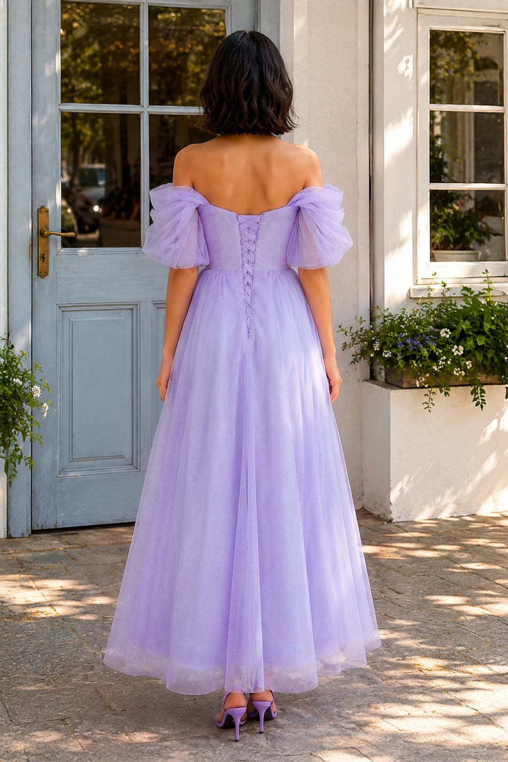 Shiny Tulle Off the Shoulder Light Blue Tea Length Wedding Guest Dress - Curvevia