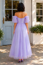 Shiny Tulle Off the Shoulder Light Blue Tea Length Wedding Guest Dress - Curvevia