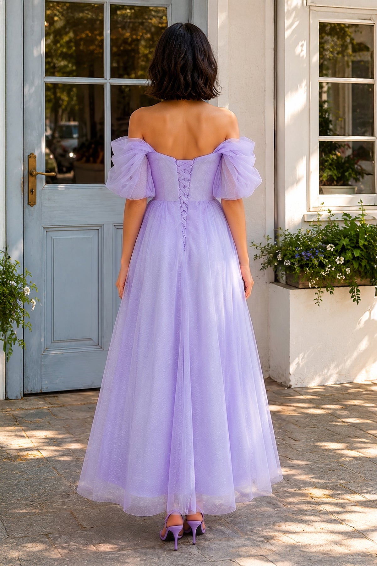 Shiny Tulle Off the Shoulder Light Blue Tea Length Wedding Guest Dress - Curvevia