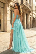 Royal Blue Strapless Ruffles Sleeveless Long Prom Dress with Slit - Curvevia