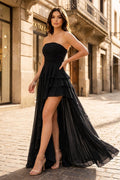 Royal Blue Strapless Ruffles Sleeveless Long Prom Dress with Slit - Curvevia