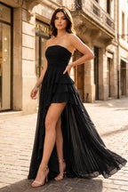 Royal Blue Strapless Ruffles Sleeveless Long Prom Dress with Slit - Curvevia