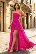 Royal Blue Strapless Ruffles Sleeveless Long Prom Dress with Slit - Curvevia