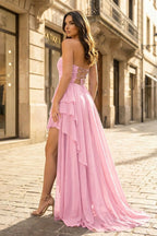 Royal Blue Strapless Ruffles Sleeveless Long Prom Dress with Slit - Curvevia
