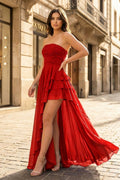 Royal Blue Strapless Ruffles Sleeveless Long Prom Dress with Slit - Curvevia