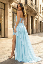 Royal Blue Strapless Ruffles Sleeveless Long Prom Dress with Slit - Curvevia