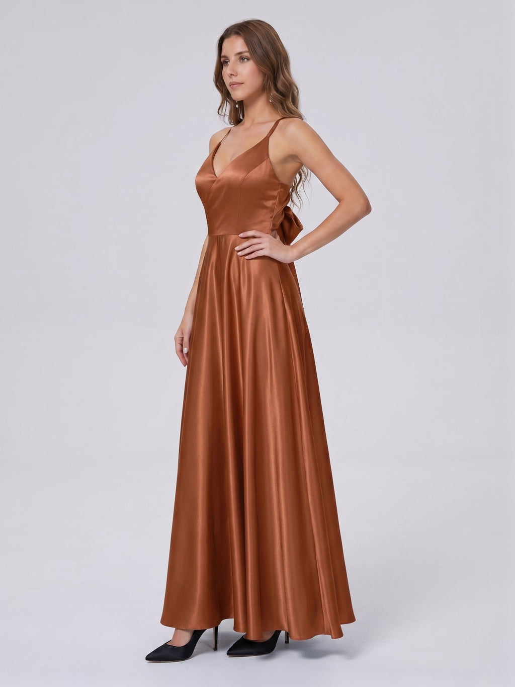 Terracotta Satin A-Line V-Neck Bow Back Floor-Length Bridesmaid Dress with Bow - Curvevia