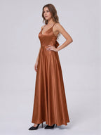 Terracotta Satin A-Line V-Neck Bow Back Floor-Length Bridesmaid Dress with Bow - Curvevia