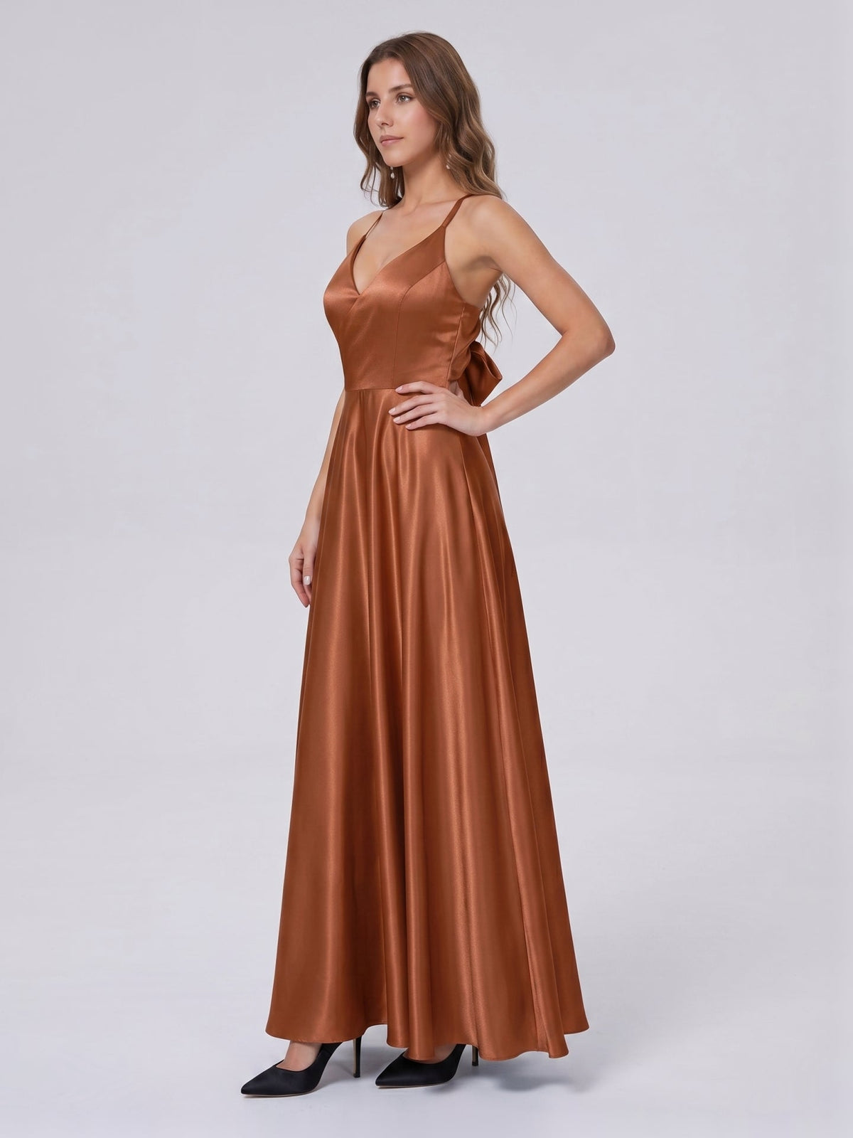 Terracotta Satin A-Line V-Neck Bow Back Floor-Length Bridesmaid Dress with Bow - Curvevia
