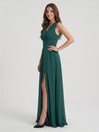 Peacock Chiffon A-Line V-Neck Back Zip Floor-Length Pleated Bridesmaid Dress - Curvevia