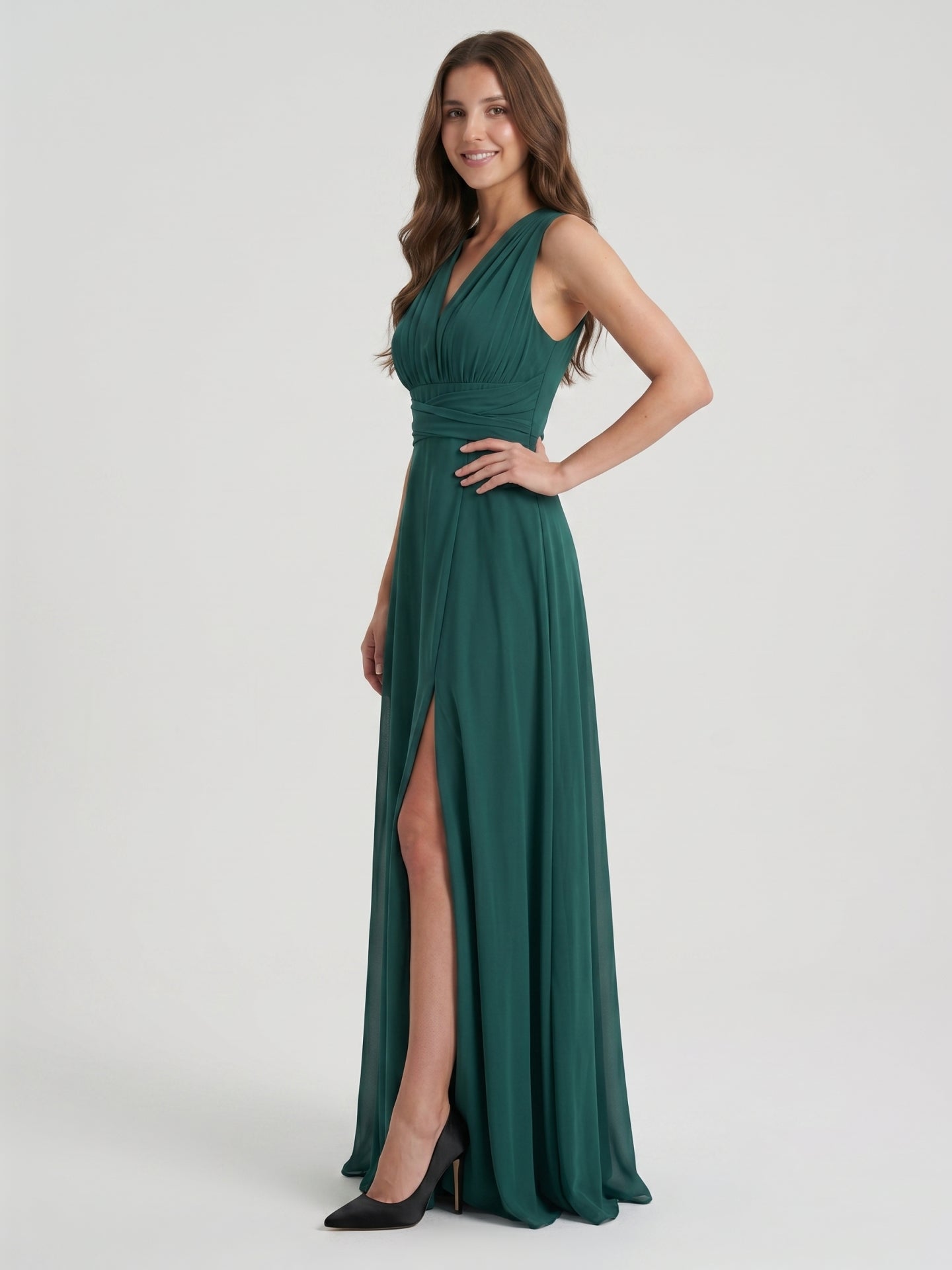 Peacock Chiffon A-Line V-Neck Back Zip Floor-Length Pleated Bridesmaid Dress - Curvevia
