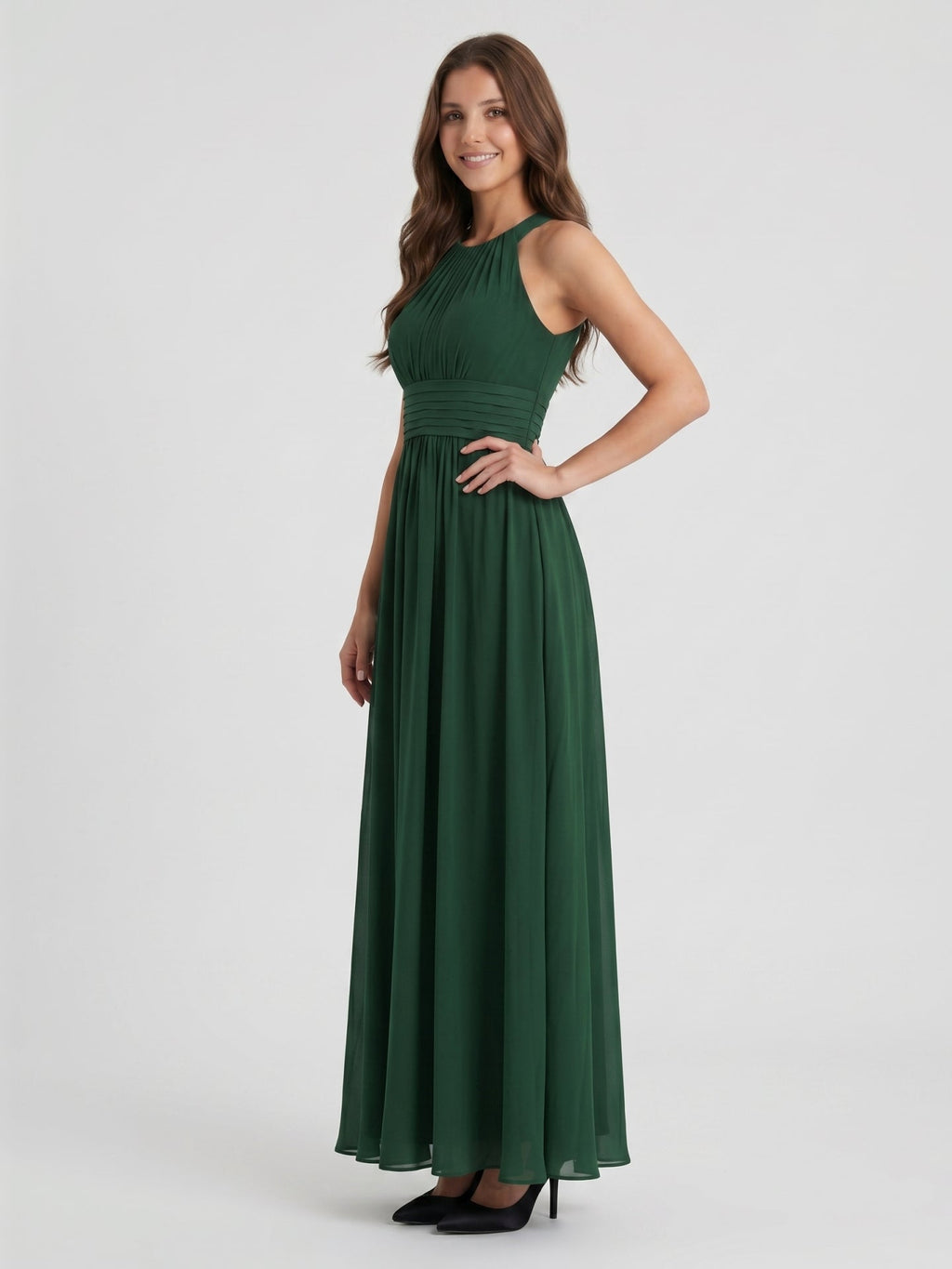 Forest Green Chiffon A-Line Halter Back Zip Floor-Length Pleated Bridesmaid Dress - Curvevia