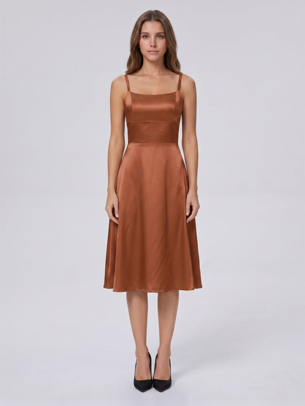 Terracotta Satin A-Line Scoop Neck Criss-Cross Back Knee-Length Bridesmaid Dress with Bow - Curvevia