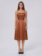 Terracotta Satin A-Line Scoop Neck Criss-Cross Back Knee-Length Bridesmaid Dress with Bow - Curvevia