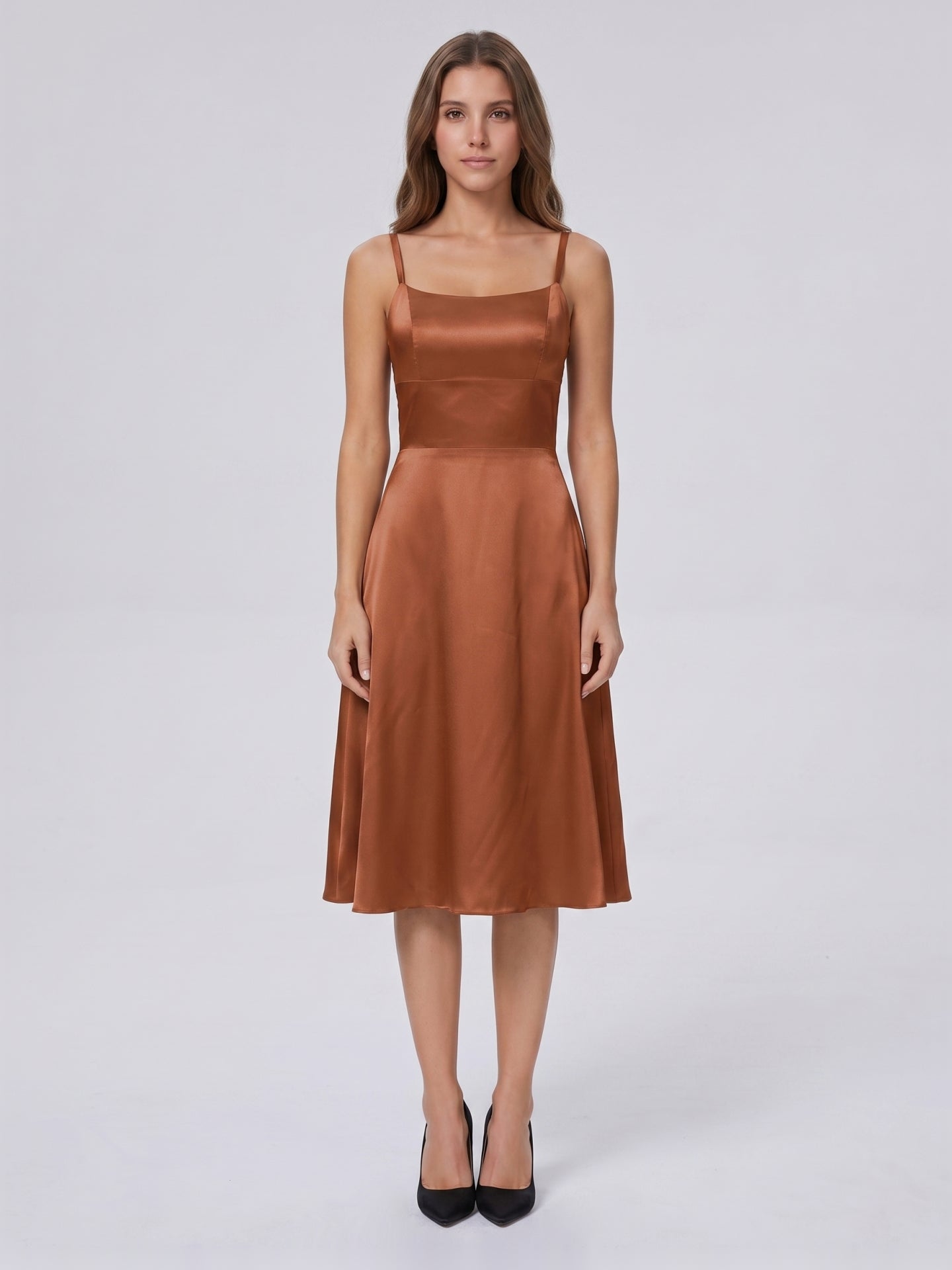 Terracotta Satin A-Line Scoop Neck Criss-Cross Back Knee-Length Bridesmaid Dress with Bow - Curvevia