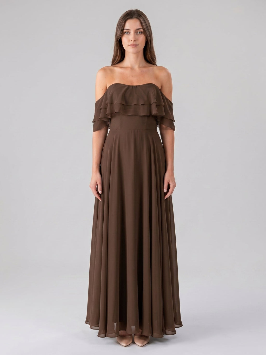 Mocha Chiffon A-Line Off-the-Shoulder Backless Floor-Length Ruffle Bridesmaid Dress - Curvevia