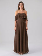Mocha Chiffon A-Line Off-the-Shoulder Backless Floor-Length Ruffle Bridesmaid Dress - Curvevia