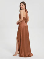 Terracotta Satin A-Line Halter Backless Floor-Length Pleated Bridesmaid Dress - Curvevia