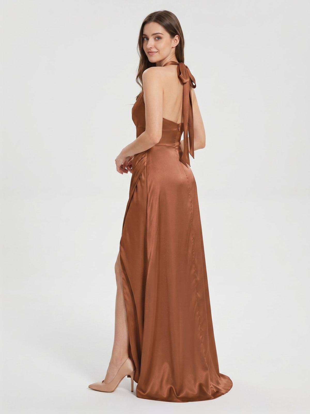 Terracotta Satin A-Line Halter Backless Floor-Length Pleated Bridesmaid Dress - Curvevia